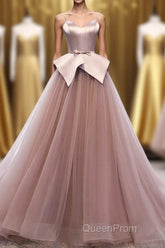 Pink Spaghetti Straps Tulle Long Formal Evening Prom Dresses, Unique Long Wedding Dess