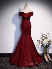 Pretty A Line Off The Shoulder Burgundy Satin Long Evening Party Dresses Evening Prom Dresses With Bow