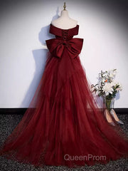 Pretty A Line Off The Shoulder Burgundy Satin Long Evening Party Dresses Evening Prom Dresses With Bow