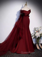 Pretty A Line Off The Shoulder Burgundy Satin Long Evening Party Dresses Evening Prom Dresses With Bow