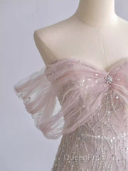 Pretty A Line Off The Shoulder Pink Sequin Long Evening Party Dresses Evening Prom Dresses With Beads