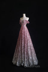 Pretty A Line Off The Shoulder Pink Sequin Long Evening Prom Dresses Evening Gowns
