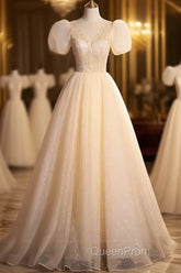 Pretty A Line V Neckline Short Sleeves Long Evening Party Dresses Evening Prom Dresses