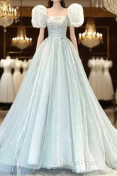 Pretty Ball Gown Square Neckline Short Sleeves Long Evening Party Dresses Evening Prom Dresses