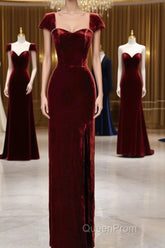 Pretty Mermaid Burgundy Velvet Slit Evening Dresses Evening Prom Dresses