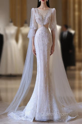 Pretty Mermaid Long Sleeves Pink Evening Prom Dresses Evening Gowns