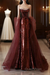 Pretty Mermaid Strapless Sequin Long Burgundy Ruffles Long Evening Prom Dresses Formal Evening Dresses