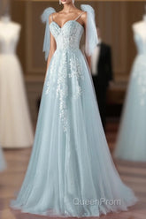 Pretty Mint Blue Tulle With Lace A-Line Long Party Dresses, Mint Blue Evening Prom Dresses Fornal Dresses