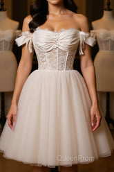 Pretty Off Shoulder Ivory Evening Prom Dresses Short, Ivory Homecoming Dresses, Formal Graduation Evening Dresses