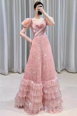 Princess A Line Pink Short Sleeves Sequin Long Evening Prom Dresses