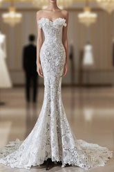 Princess Mermaid Strapless White Lace Long Wedding Dresses Brides Dresses