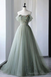 Princess Off the Shoulder Embroidering Tulle Sage Ball Gown