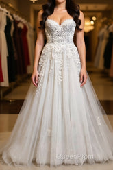 Princess Sweetheart Neck White Lace Evening Prom Wedding Dresses, Ivory Lace Formal Dresses, White Evening Dresses