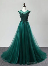 Deep Green Tulle Beaded Sweep Train Formal Prom Dress, Evening Dress