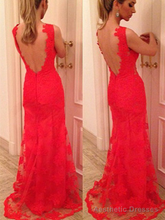 Custom Made V Neck Back Mermaid Backless Red Lace Prom Dresses, Red Lace Formal Dresses