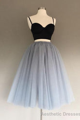 Two Pieces Black And Silver Short Sexy Spaghrtti Strap A Line Prom Dresses