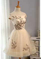 Cap Sleeves Embroidery Tulle Short A Line Prom Dresses