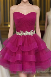 Hot Pink Organza Sweetheart Neckline Short Beadings Belt Tiered Rose Red Layers Evening Prom Dresses