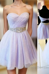 Charming Empire Waist Lavender Sweetheart Backless Short Fashion Beaded Belt Short For Sweet 16 Mini Length Skirt Evening Prom Dresses
