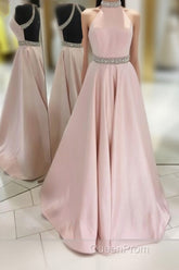 Pink Backless Halter Simple Handmade Plus Size Elegant Evening Prom Dresses