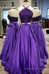 Purple 2 Piece Lace Evening Prom Dresses Halter Long Evening Gowns With Pockets