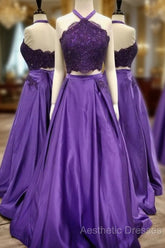 Purple 2 Piece Lace Evening Prom Dresses Halter Long Evening Gowns With Pockets