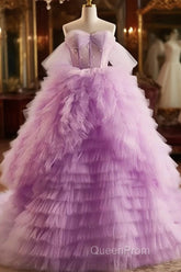 Purple Ball Gown Tulle Off The Shoulder Tiers Evening Prom Dresses