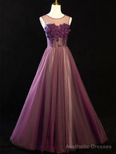 Purple Floral Long Lace Prom Dresses, Purple Floral Long Lace Formal Evening Dresses