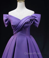Purple Satin A-Line Off Shoulder Long Party Dresses, Purple Evening Dresses Evening Prom Dresses