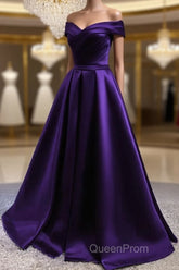 Purple Satin Off Shoulder Long Evening Prom Dresses,A-line Simple Women Formal Dresses