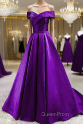 Purple Satin Sweetheart Long Party Dresses Evening Prom Dresses, Off Shoulder Purple Evening Dresses