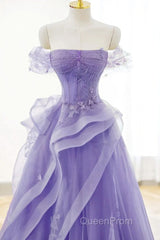Purple Sweetheart Off Shoulder Tulle Long Party Dresses, Purple Tulle Evening Prom Dresses