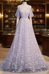 Purple Tulle A Line Long Evening Prom Dresses Formal Dresses With Flowers December Wedding Guest Dresses