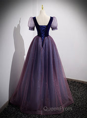 Purple Velvet And Tulle Short Sleeves Evening Dresses, Purple A-Line Formal Dresses Evening Prom Dresses