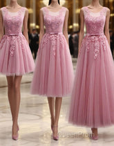 Pink Round Neck Lace Tulle Evening Prom Dresses, Lace Evening Dresses