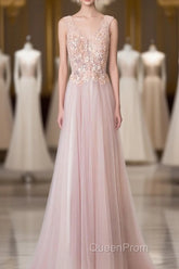 Pink V Neck Lace Long Evening Prom Dresses, Cheap Evening Dresses