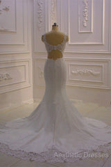 Real Long Vintage Lace Wedding Dresses Mermaid Sleeveless Bridal Gowns