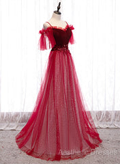 Red A-Line Floor Length Off Shoulder Long Evening Prom Dresses, Red Long Evening Dresses