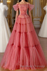 Red Aline Tulle Long Evening Prom Dresses, Red Tulle Formal Graduation Dresses With Beading Sequin