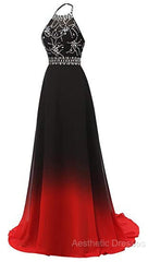 Red And Black Halter Beaded Chiffon Party Dresses, A-Line Gradient Evening Dresses
