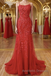 Red Backless Lace Evening Prom Dresses, Red Open Back Lace Formal Evening Dresses