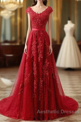 Red Lace Evening Prom Dresses Cap Sleeves Formal Dresses, Evening Dresses, Dance Dresses