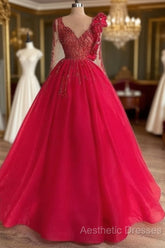 Red Long Sleeve V Neck Beading Flower Tulle Evening Prom Formal Dresses