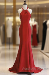 Red Mermaid Halter Long Evening Dresses, Red Backless Formal Dresses Evening Prom Dresses