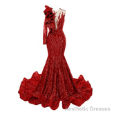 Red Mermaid One Sleeve Prom Dresses Sequined Lace Jewel Ruffles Evening Party Dress with Appliques