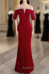 Red Mermaid Round Neckline Short Sleeves Party Dresses, Red Evening Gown