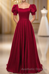 Red Puff Sleeve Evening Prom Dresses / Red Bridesmaid Dresses / Victorian Dresses