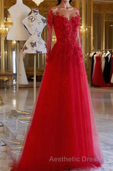 Red round neck tulle lace long Evening Prom Dresses, red evening Dresses