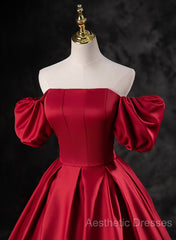 Red Satin Off Shoulder Long Simple A-Line Wedding Party Dresses, Red Long Evening Dresses