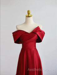 Red Satin Off Shoulder Sweetheart Long Party Dresses, Red Satin Evening Prom Dresses